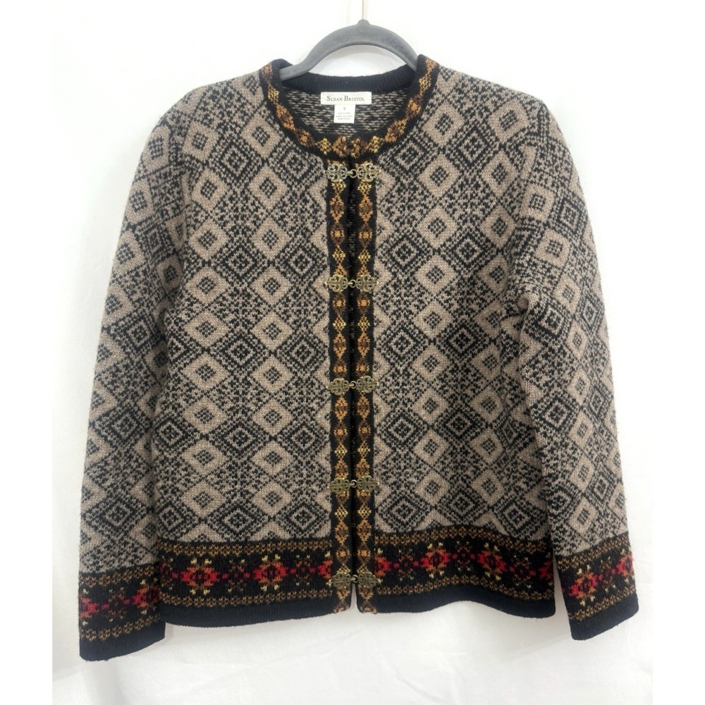 Susan Bristol 100% Wool Nordic Fair Isle Cardigan Sweater Metal Clasps Womens S